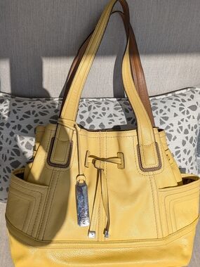 Tignanello Yellow Pebble Leather Super Stitch Drawstring Shoulder Bag - RFID Pro
